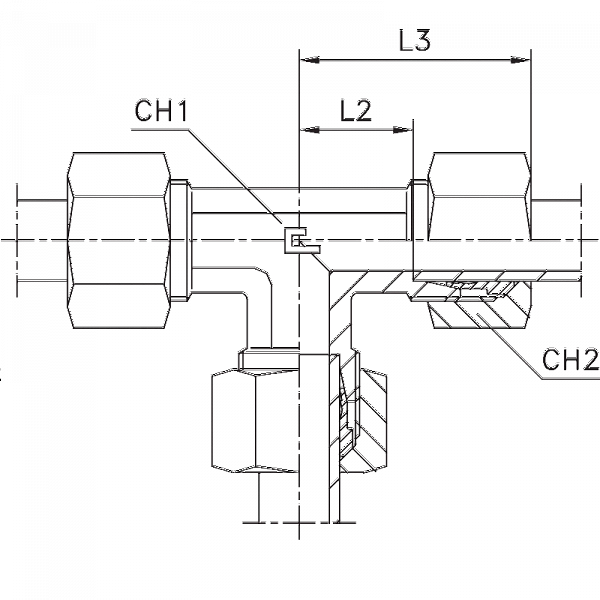 Соединение проходное T-образное в сборе с кольцом B3 (DIN 2353, 24°)